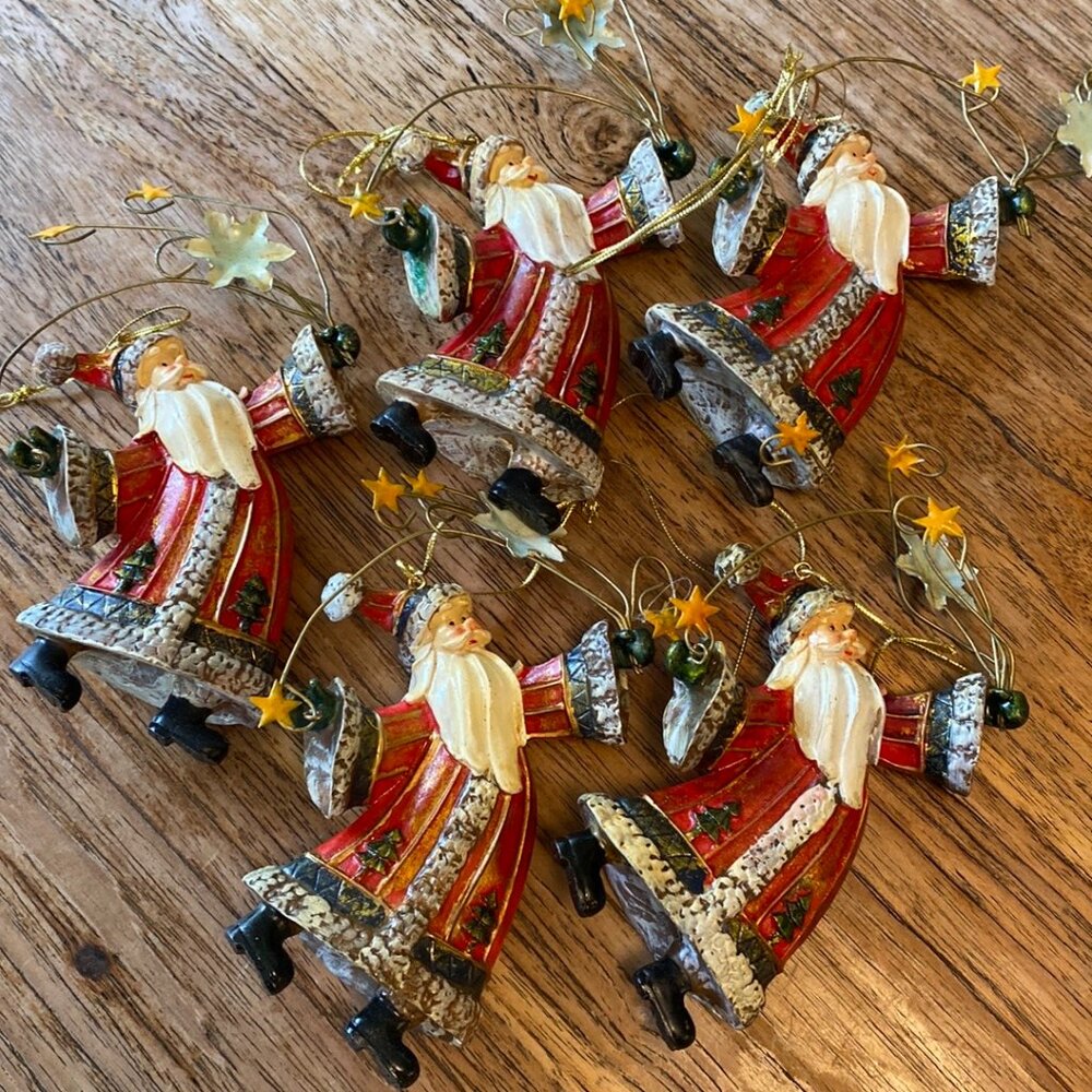 Five Vintage Resin Santa Ornaments (Red Suits)